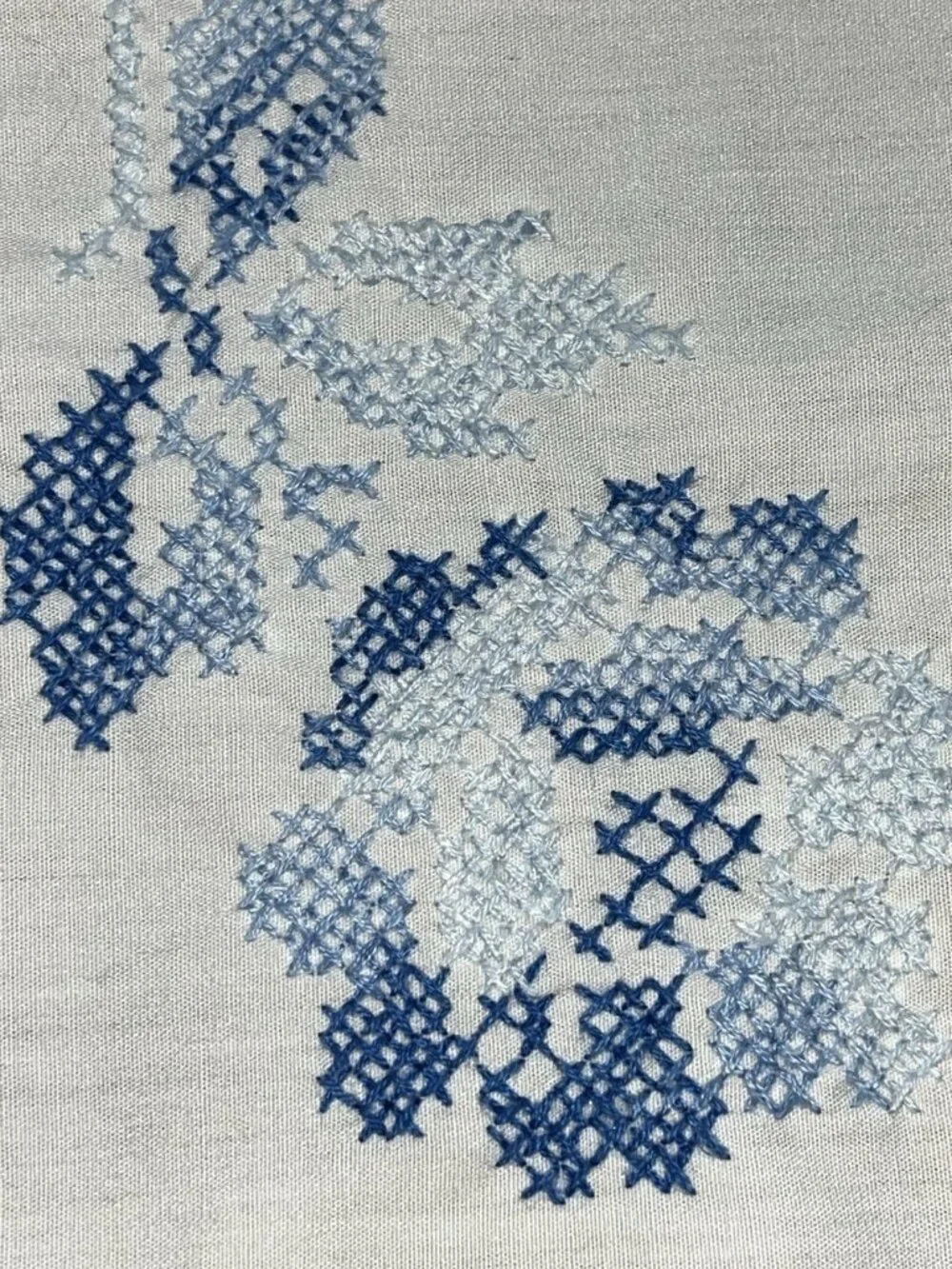 Vtg Cross Stitch White Blue Flowers Tablecloth 50” x 52 